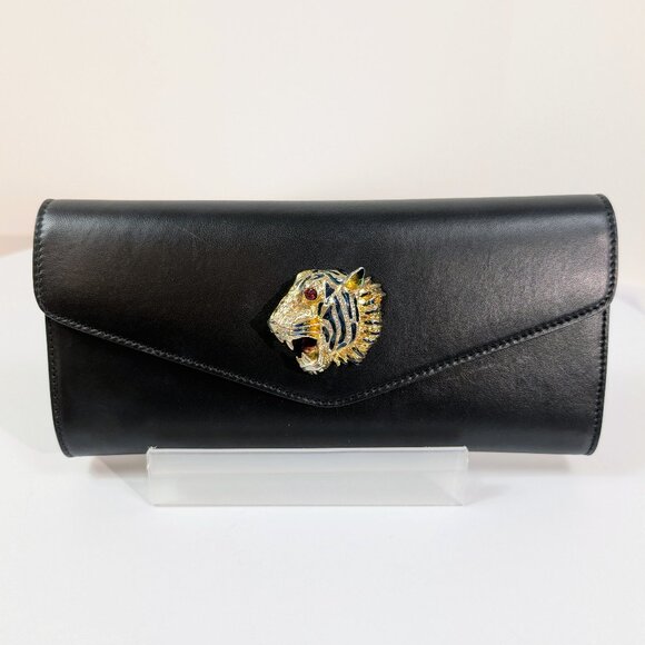 Gucci Black Rajah Broadway Smooth Leather Jeweled Tiger Head Clutch - Picture 1 of 15